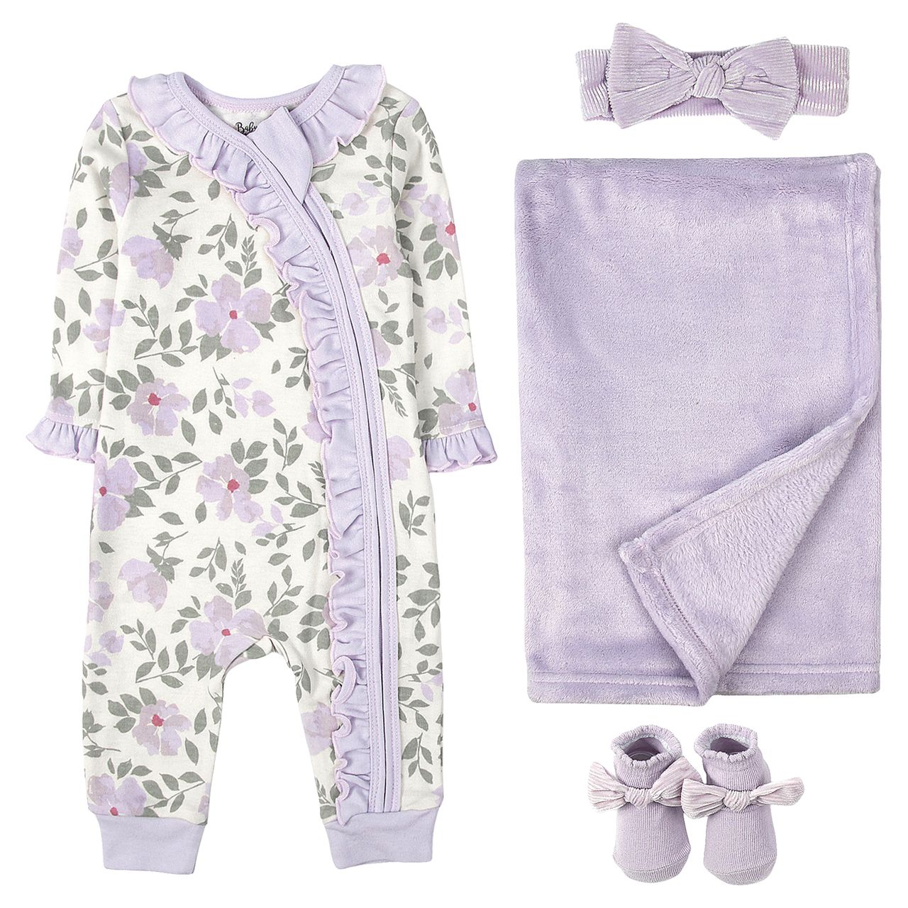 4-Piece Baby Clothing Set with Blanket - Purple Floral