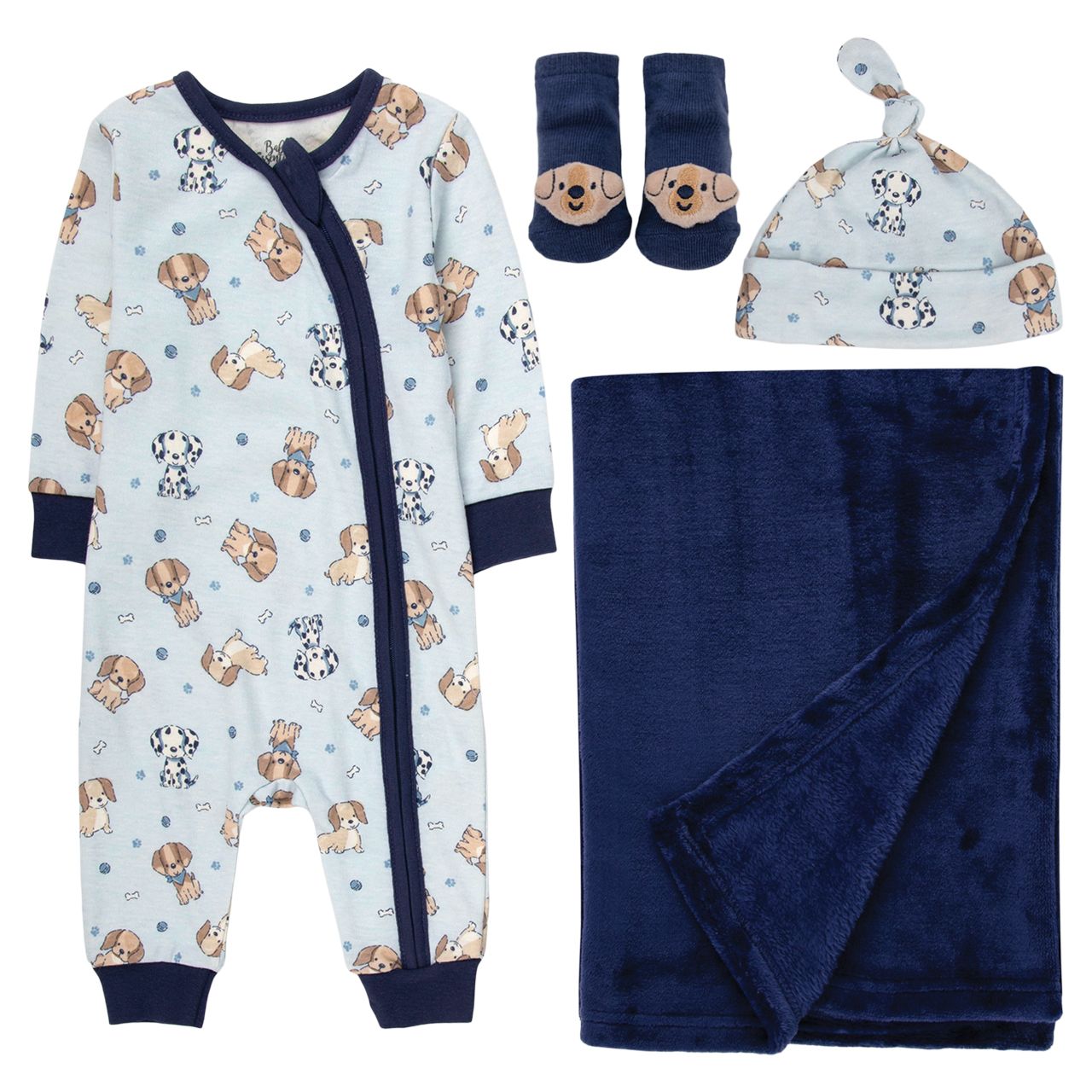 4-Piece Baby Clothing Set with Blanket - Blue Puppy